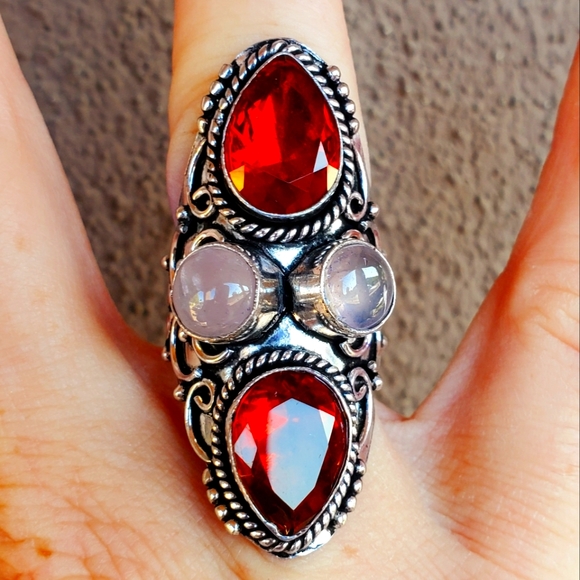 New Mozambique Garnet and Rose Quartz 925 Silver Statement Ring. - Picture 1 of 7